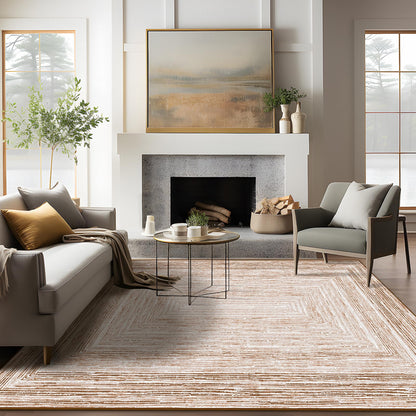 Phantoscope Washable Area Rug 5'x7' Non-Slip, Modern Neutral Boho Rugs for Living Room, Bedroom, Dining Room, Distressed Geometric Rectangle Pattern, Low-Pile Foldable Floor Carpet, Neutral Beige/Rust