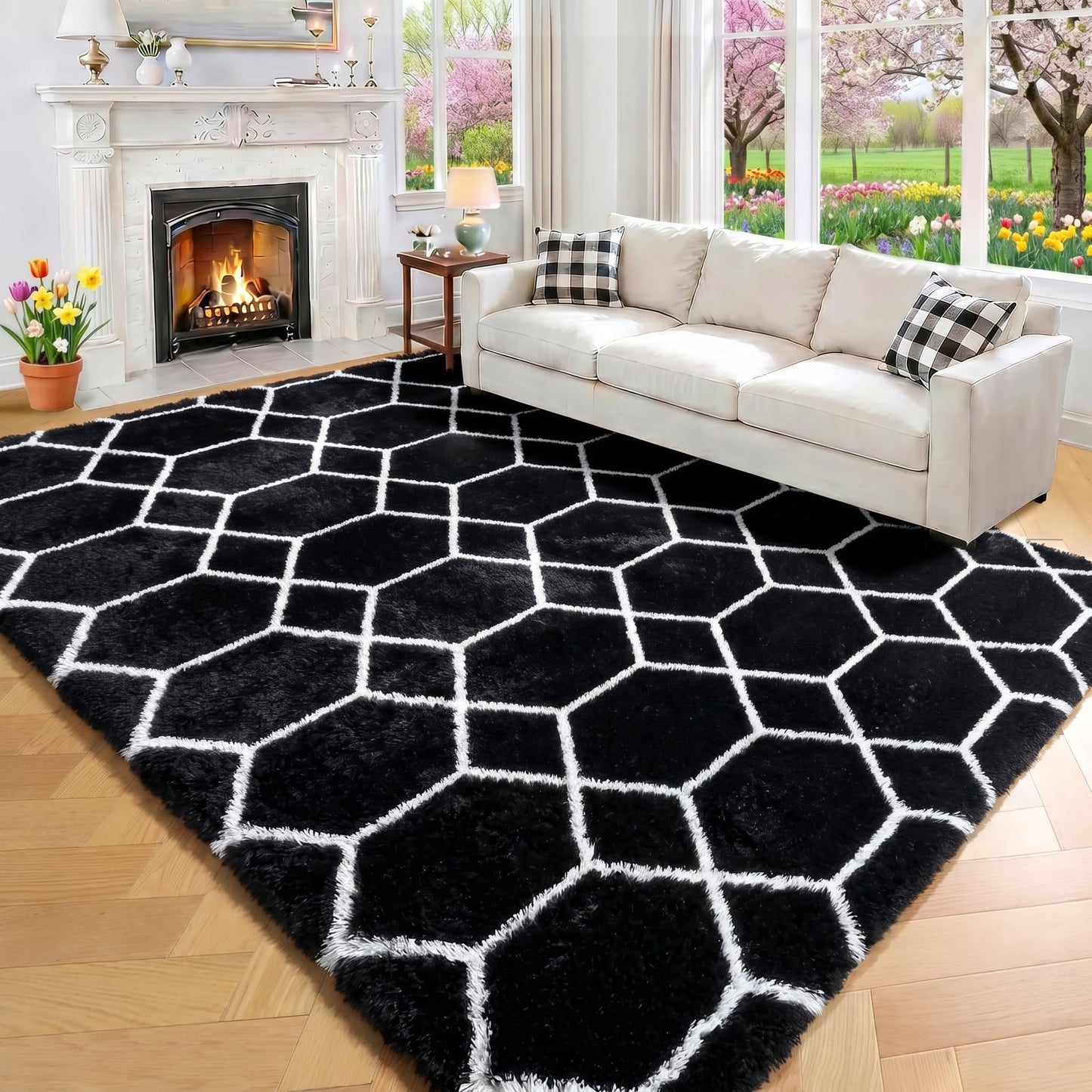 ONASAR Area Rugs for Bedroom Living Room, Fluffy 4x6 Black and White Rug, Geometric Shaggy Plush Bedside Indoor Floor Carpet for Nursery Kids Teens Girls Boys Dorm Home Office Decor