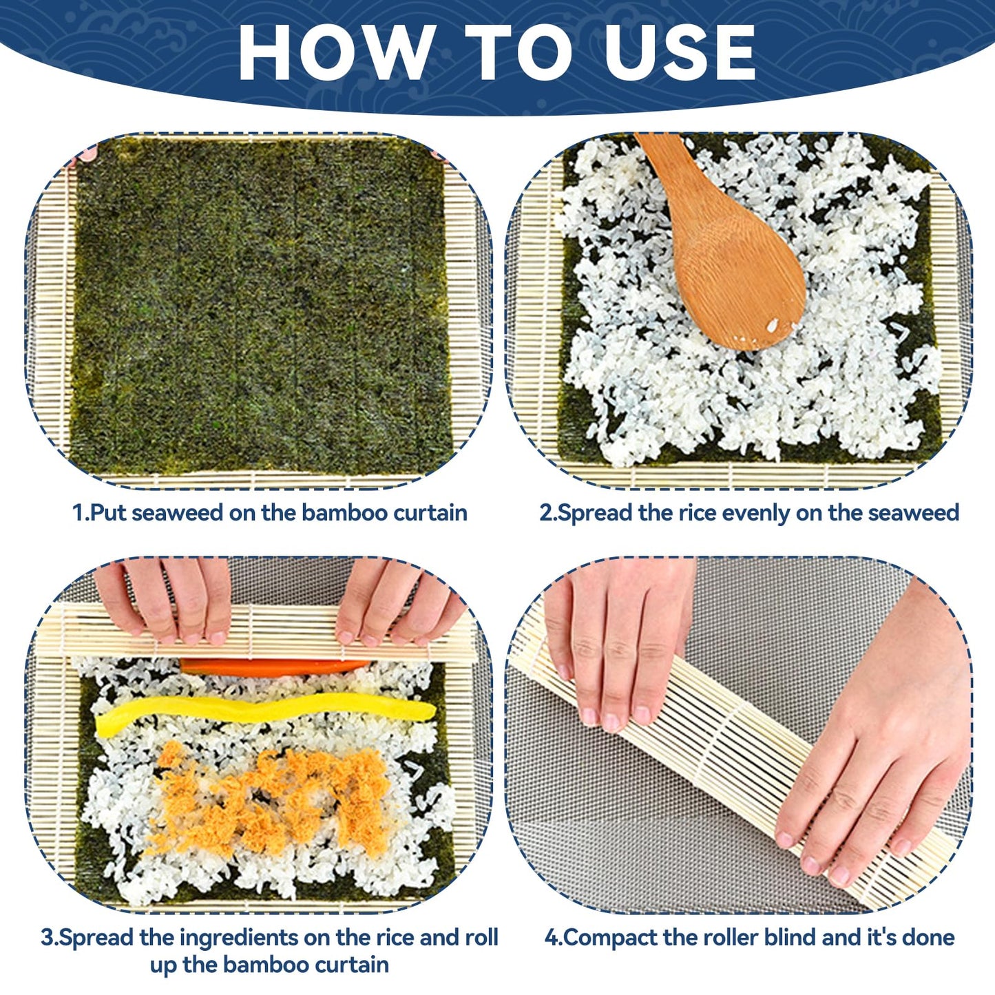 HOPELF 2 Pack 12 Inch Bamboo Sushi Mat - Sushi Roller Mat for Making, Shaping & Molding Sushi Roll & Kimbap - Food-Safe Sushi Making Supplies, Tools & Accessories