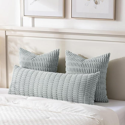 Fancy Homi Grey Blue Long Body Lumbar Lumbar Decorative Throw Pillow Covers 14x36 Inch for Bed Couch Bedroom Bench, Soft Corduroy Rectangle Solid Pillow Case, Rustic Farmhouse Boho Room Decor