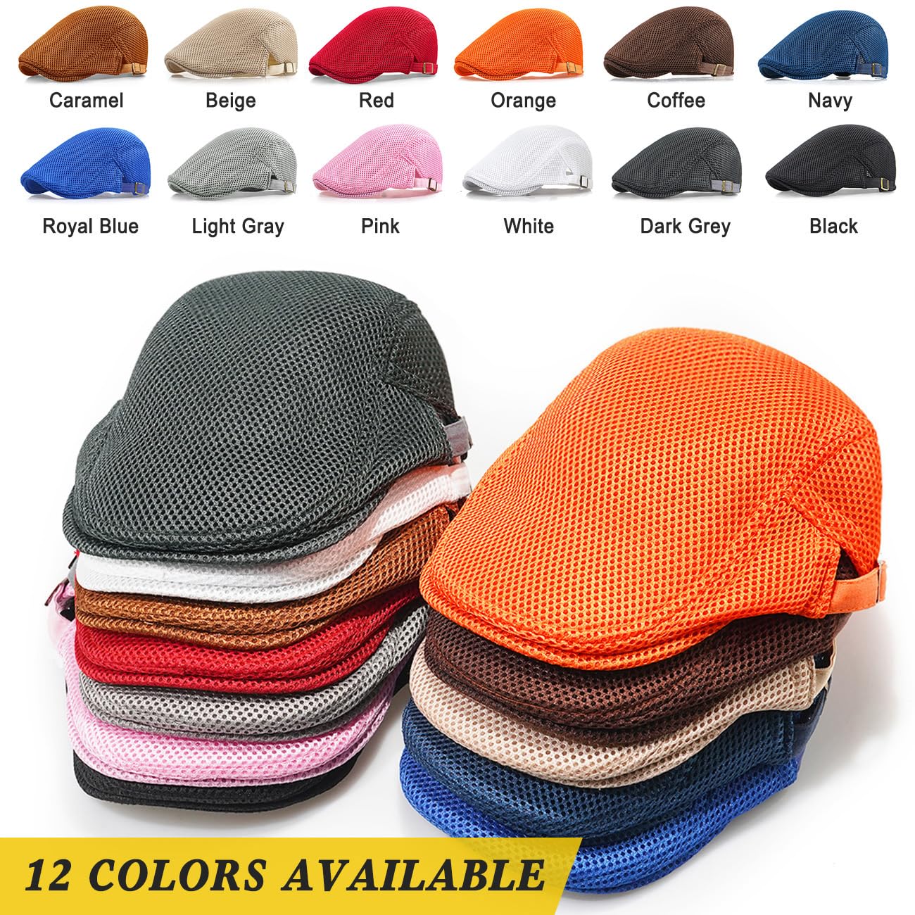Xinveen Men's Mesh Cap Breathable Summer Newsboy Hat Adjustable Beret Ivy Cap Irish Cabbie Driving Hunting Hats