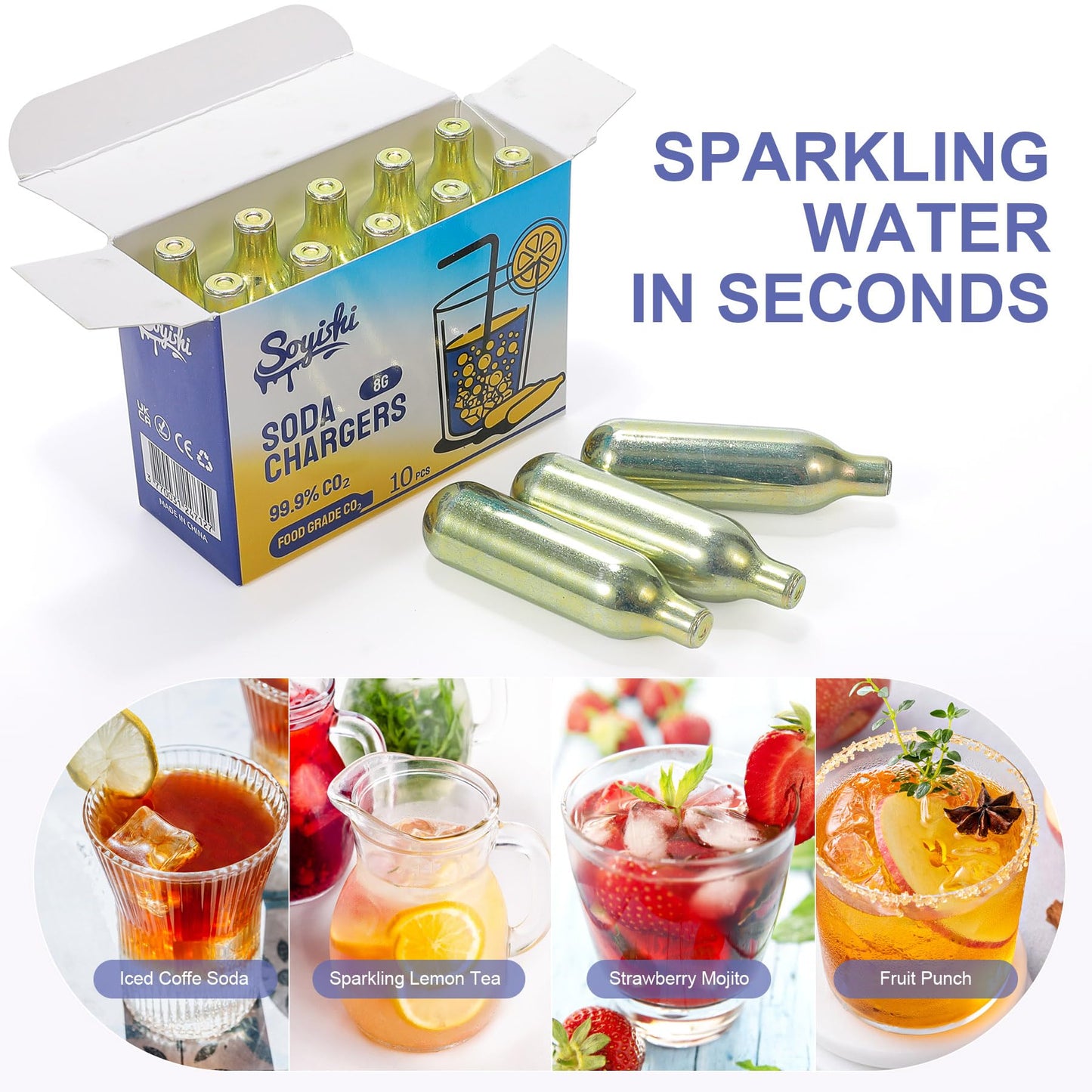 Soyishi CO2 8g Soda Cartridges for Soda Maker Food Grade Seltzer Water Cartridges Non-Threaded Soda Chargers Compatible With Soda Siphons(10 Pcs)