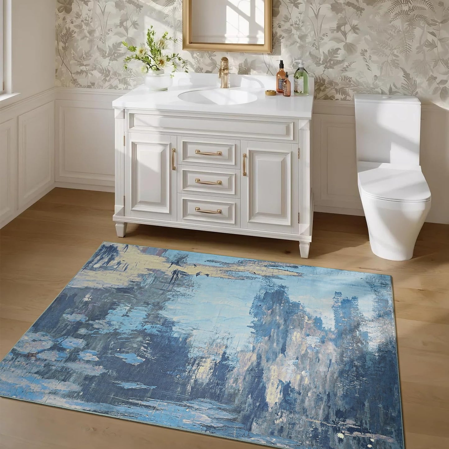 ULTSOFE 4x6 Blue Area Rugs for Bedroom Bedside, Washable Rug for Kitchen, Living Room, Laundry, Bathroom, Entrance, Office, Non-Slip Modern Abstract Faux Wool Low Pile Entrayway Rug Large Carpets