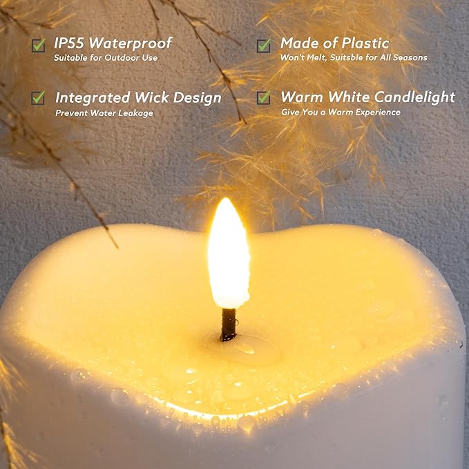 2pack 4"*12" Large Waterproof LED Battary Operated Candles with Remote, Flickering Pillar Electric Flameless Candles for Christmas, Outdoor Larterns,White