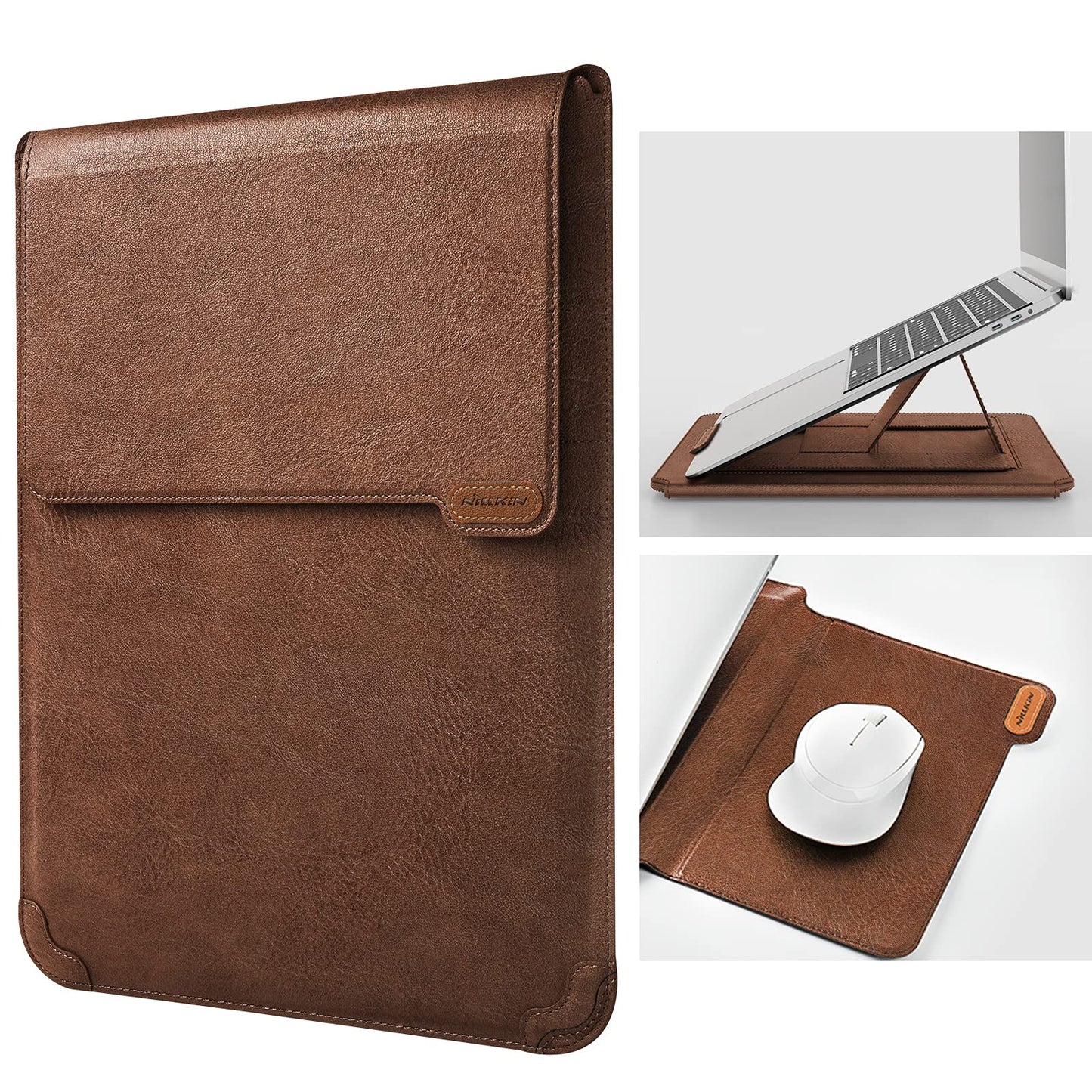 Nillkin Laptop Sleeve 13 inch (3-in-1), MacBook Sleeve with Adjustable Stand & Mouse Pad, 2 Stand Modes, 13 inch Laptop Case, Slim MacBook Accessories for Samsung/Surface/Chromebook/HP 12-14'', Brown