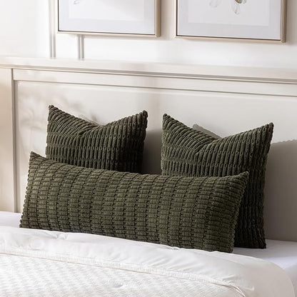 Fancy Homi Olive Green Long Body Lumbar Decorative Throw Pillow Covers 14x36 Inch for Bed Couch Bedroom, Soft Corduroy Rectangle Solid Pillow Case 35x91 cm, Rustic Farmhouse Boho Room Decor