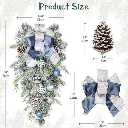 30" Christmas Teardrop Swag for Front Door Artificial Winter Swag Garland with Pine Cones, Berry Clusters, Blue Ball Ornaments and Ribbons for Thanksgiving Holiday Christmas Decoration
