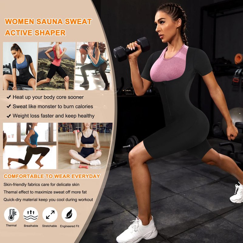 URSEXYLY Sauna Suit for Women Sweat Vest Waist Trainer 3 in 1 Slimming Full Body Shaper Workout Top with Sleeve Shorts (Black, XX-Large)