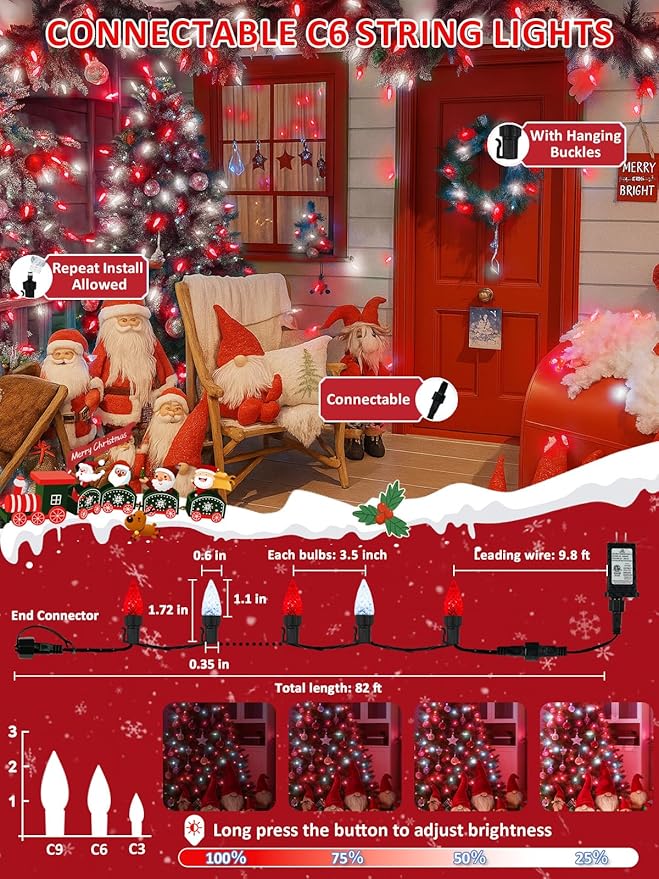 Upgraded 250 LED C6 Connectable Christmas String Lights Red and White, 82FT Waterproof Christmas Twinkle Light Outdoor, Plug in Fairy Lights Indoor with 13 Modes & Timer for Christmas Tree Decorations