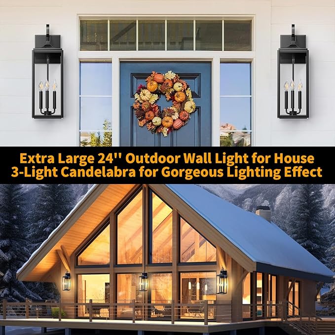 24" Extra Large Outdoor Wall Light 2 Packs, Black Exterior Lighting Fixtures Outdoor Porch Lantern Wall Mounted, Waterproof Modern Outside Wall Sconce, E12 3-Light Coach Lamp for House Patio Garage