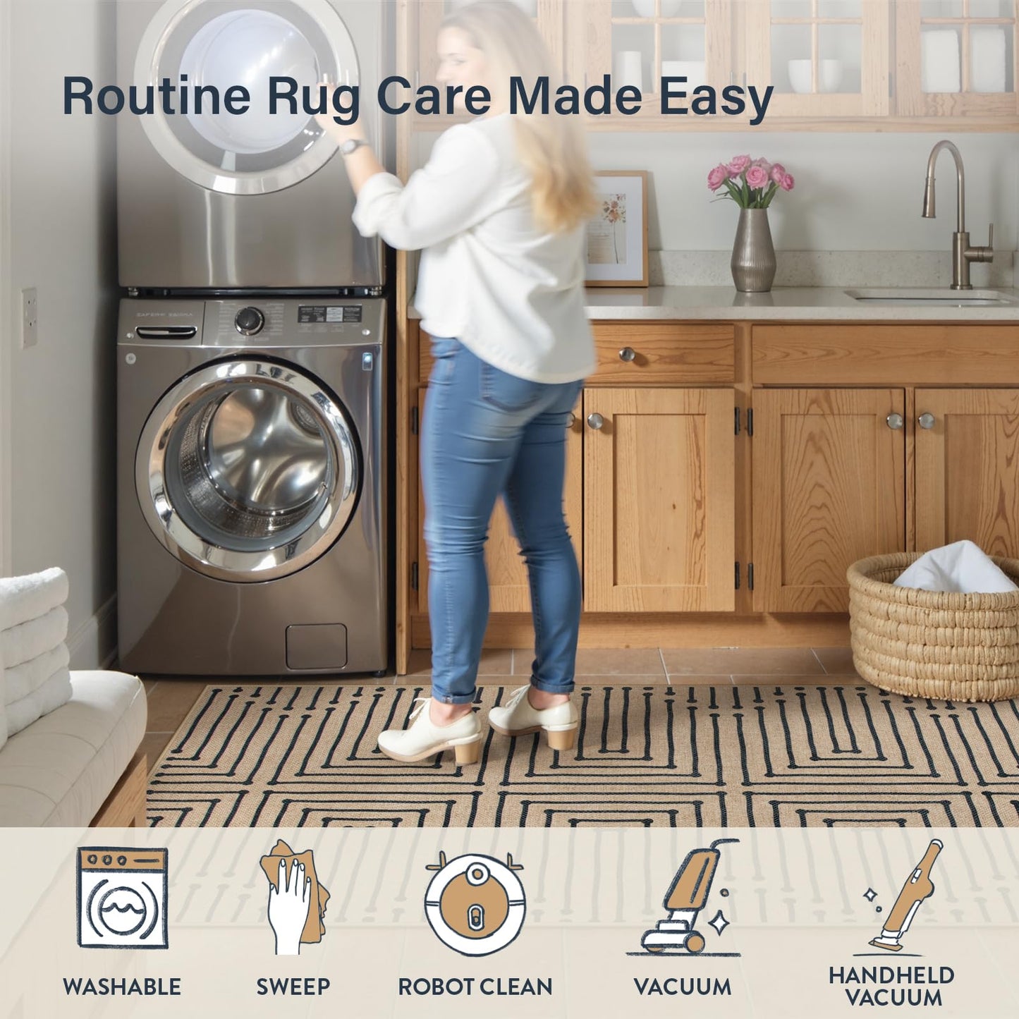 Lahome Maze Lines Easy Jute Runners for Hallways, 2x8 Washable Rug Runner Non Slip Stain Resistant, Farmhouse Low Pile Indoor Outdoor Carpet for Indoor Entryway Laundry Kitchen
