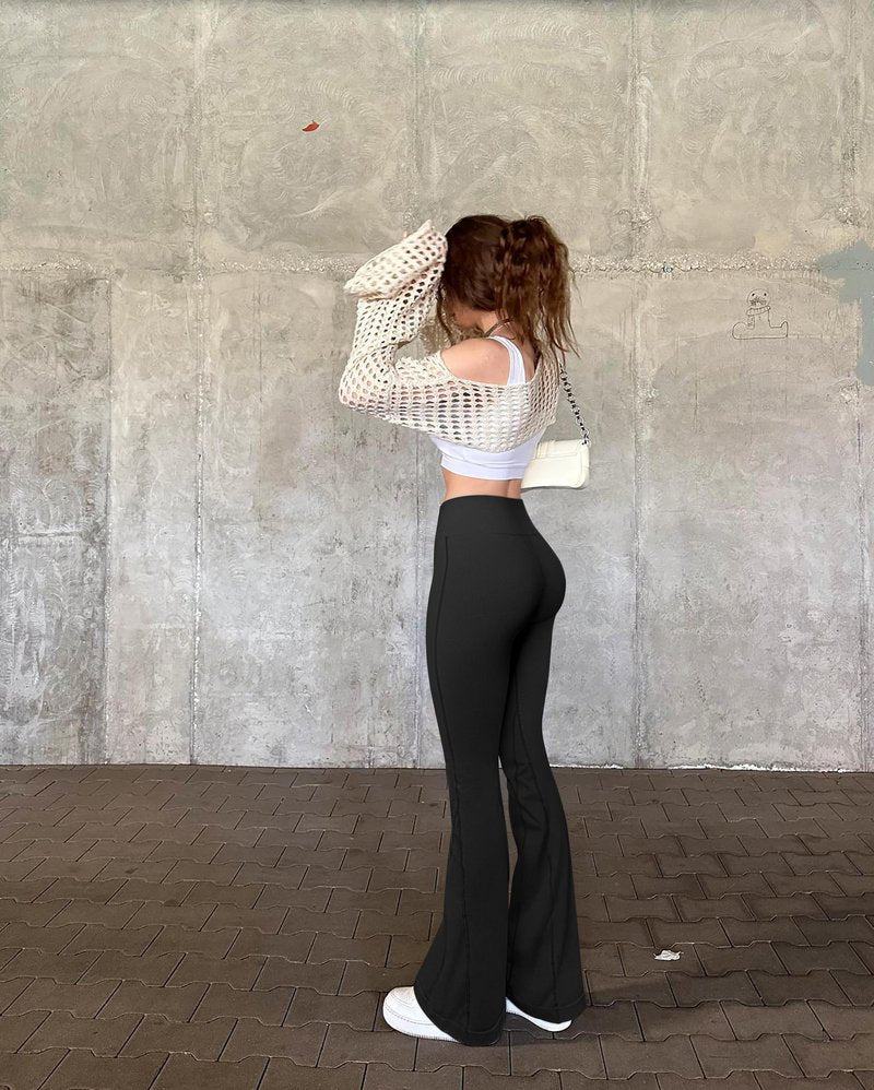 OQQ Women's Flared Pants High Waisted Yoga Leggings Stretchy Bell Buttom Wide Leg Black