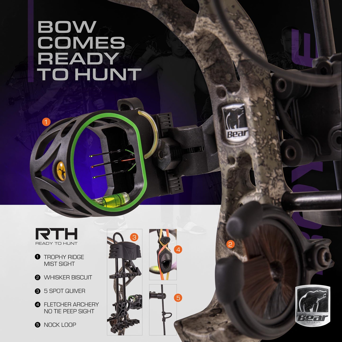 Bear Archery Royale Ready to Hunt Compound Bow Archery Set with Archery Accessories for Adults and Youths, 12”- 27” Draw Length, 5-50 Lbs Draw Weight, Up to 290 FPS