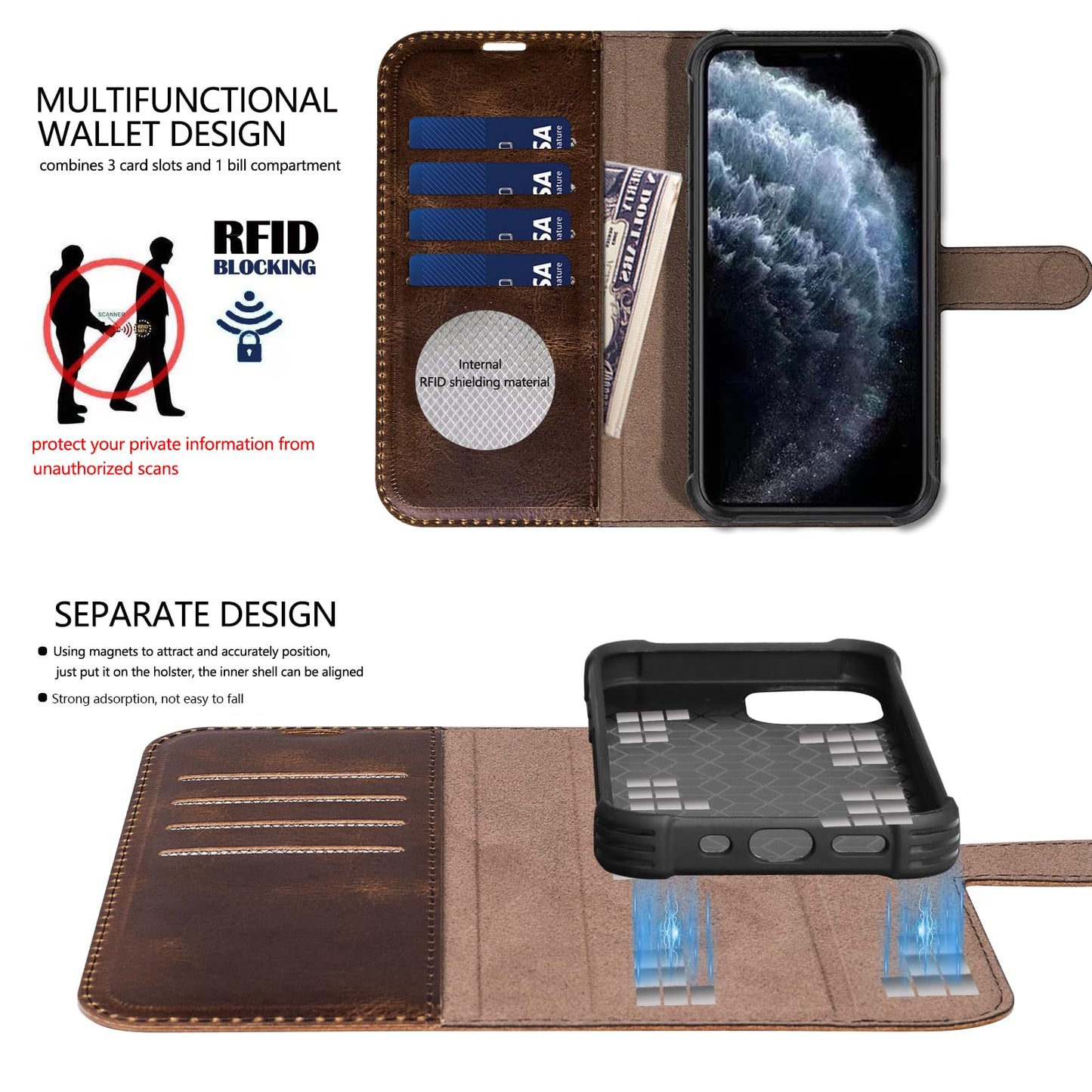 RMAWRAD Leather Case Compatible with iPhone 16 Pro Max Wallet 6.9",Genuine Leather 2in1 Magnetic Detachable Shockproof Kickstand,Flip Folio Cover with Card Slot,Wireless Charging RFID Blocking Brown
