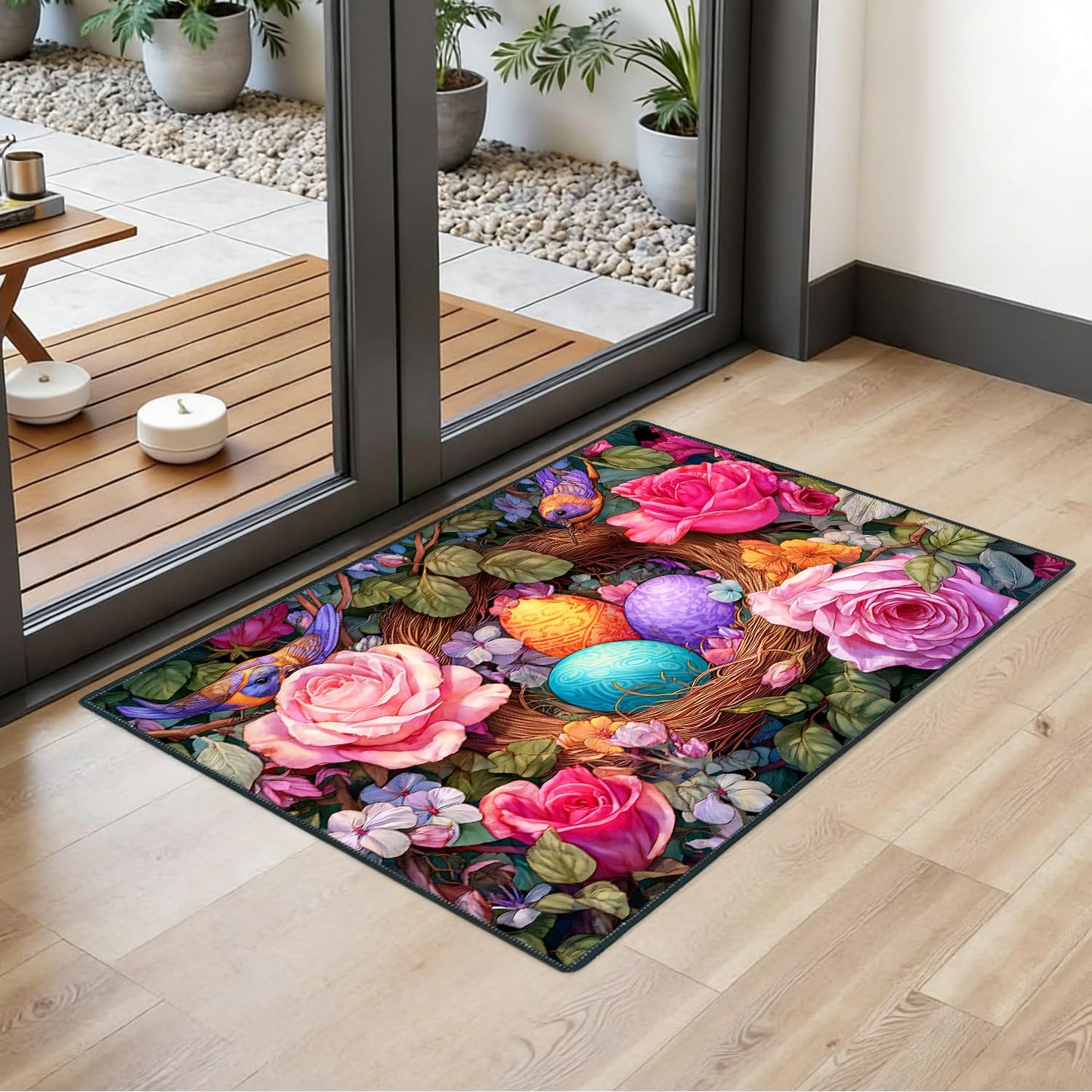 2x3FT Area Rug Spring Eggs Floral Birds Nest Indoor Entryway Rug, Washable Non Slip Front Door Rugs for Hallway Foyer Mudroom Apartment