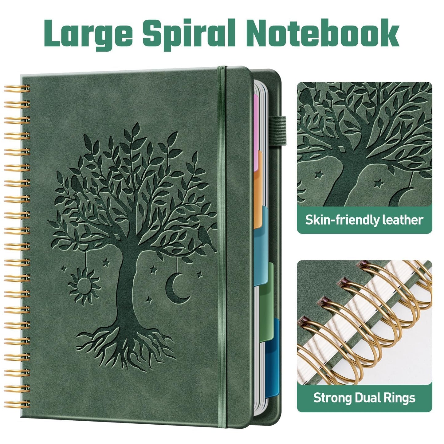 Ovesmusl Hardcover Spiral Notebook 8.5" x 11" with 5 Removable Dividers 300 Pages Leather 5 Subject Notebook College Ruled 100GSM Large Spiral Notebooks for Work Thick Lined Journal for Women, Green