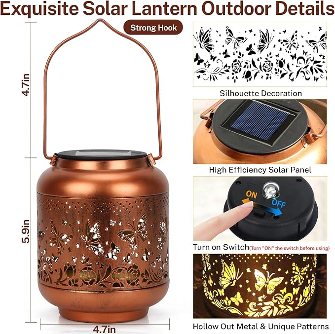 Butterfly Solar Lanterns Outdoor Hanging, Waterproof Metal Solar Lights Outside for Garden Porch Yard Patio Pathway Tabletop Landscape Decor, LED Lantern Gifts for Women Mom Grandma