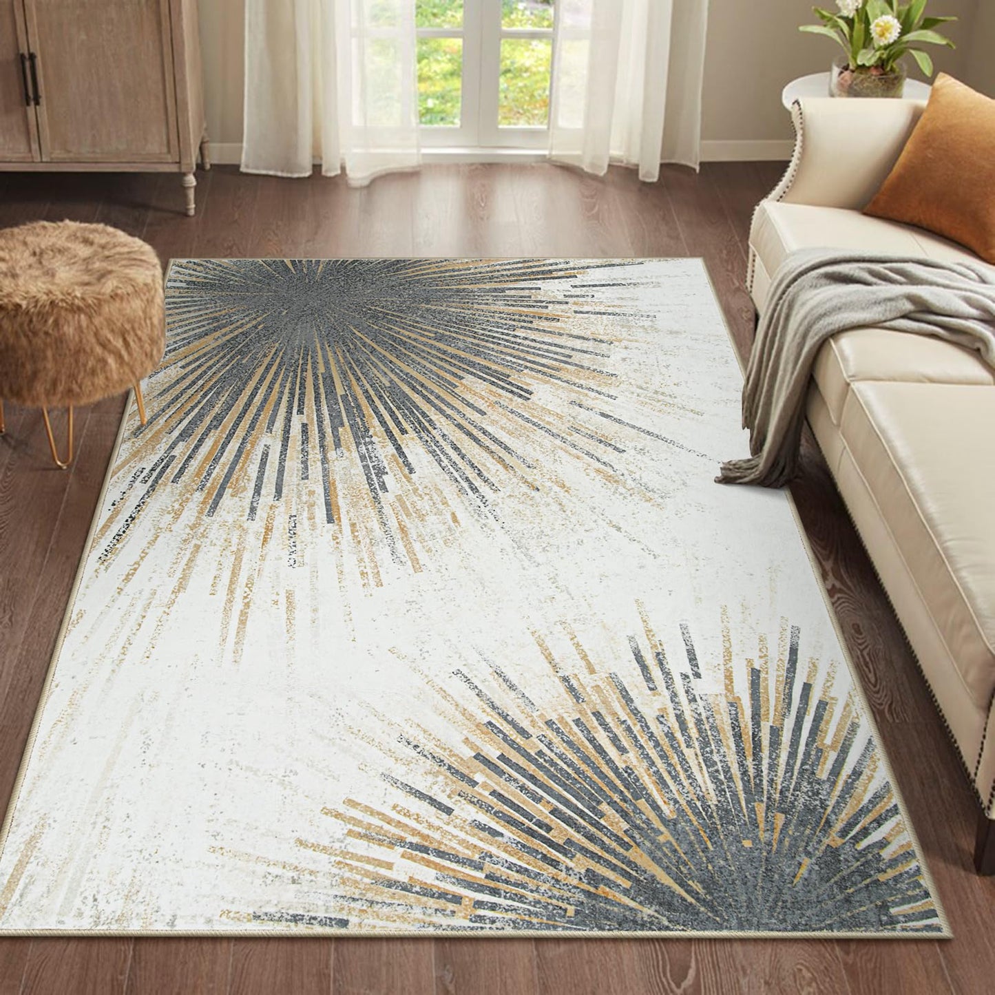 Lahome Modern Living Room Area Rug - 4x6 Rug Washable Non-Slip Soft Bedroom Rugs Ultra-Thin Throw Office Rug, Abstract Print Low-Profile Carpet Rug for Kitchen Laundry Room Entryway (Gold/Gray, 4'x6')