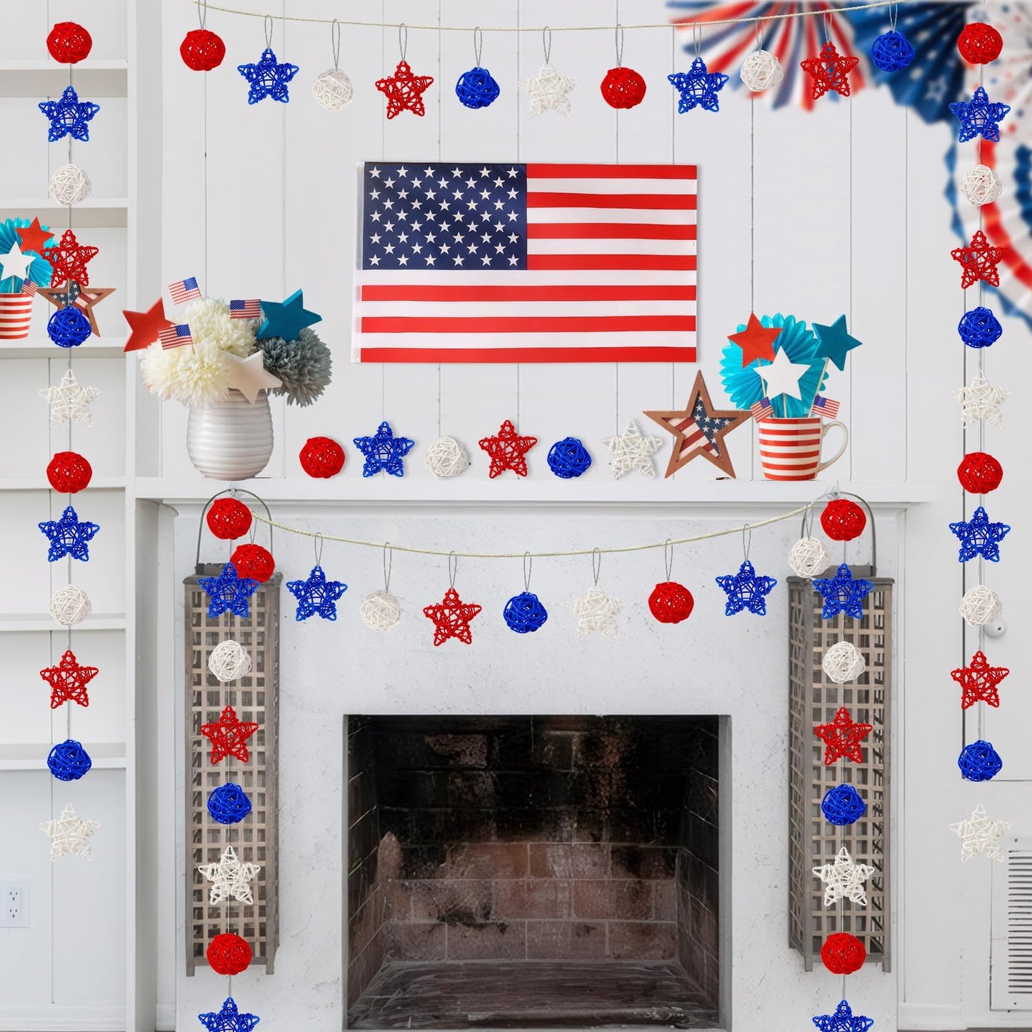 NOVWANG 40 Pcs 4th of July Star Rattan Balls Decoration Centerpieces Red Blue White Wicker Ball for 4th of July Independence Day Patriotic Party Decoration Table Vase Bowl Filler Hanging Decor