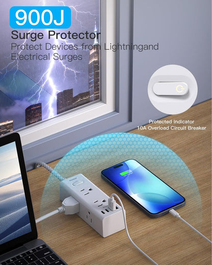 Flat Plug Extension Cord 5Ft, One Beat 5 Feet Surge Protector Power Strip with 6 Widely Outlets 4 USB Ports (2 USB C), 3 Way Wall Outlet Extender Extension Cord for Home Office College Dorm Room