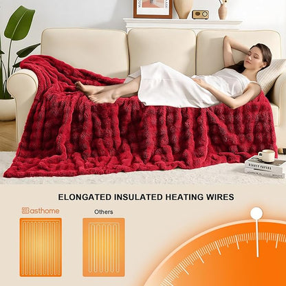 Heated Blanket Electric Throw Blanket 72''X 84''-Heating Blanket with 6 Heat Settings-10 Hours Auto Off,Cozy Faux Rabbit Fur Bubble Electric Blanket,Red