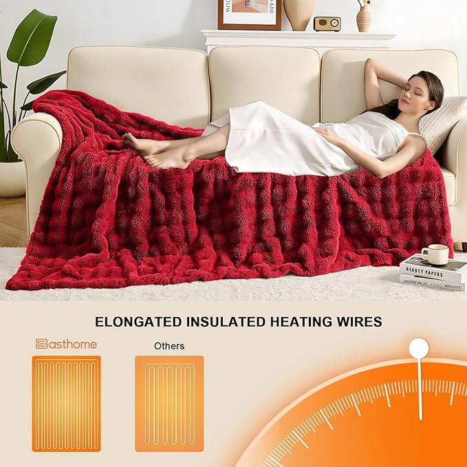 Heated Blanket Electric Throw Blanket 62''X 84''-Heating Blanket with 6 Heat Settings-10 Hours Auto Off,Cozy Faux Rabbit Fur Bubble Electric Blanket,Red