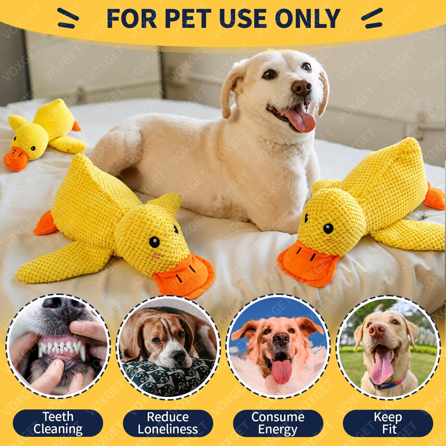 VOXGET Calming Duck Toy for Dogs, 2026 New Interactive Crinkle Toy with Quack Sound for Dogs Teeth, Soft Stuffed Plush Mellow Calming Duck Pillow for Puppy Keep Busy -Yellow, 9"x6"(S)