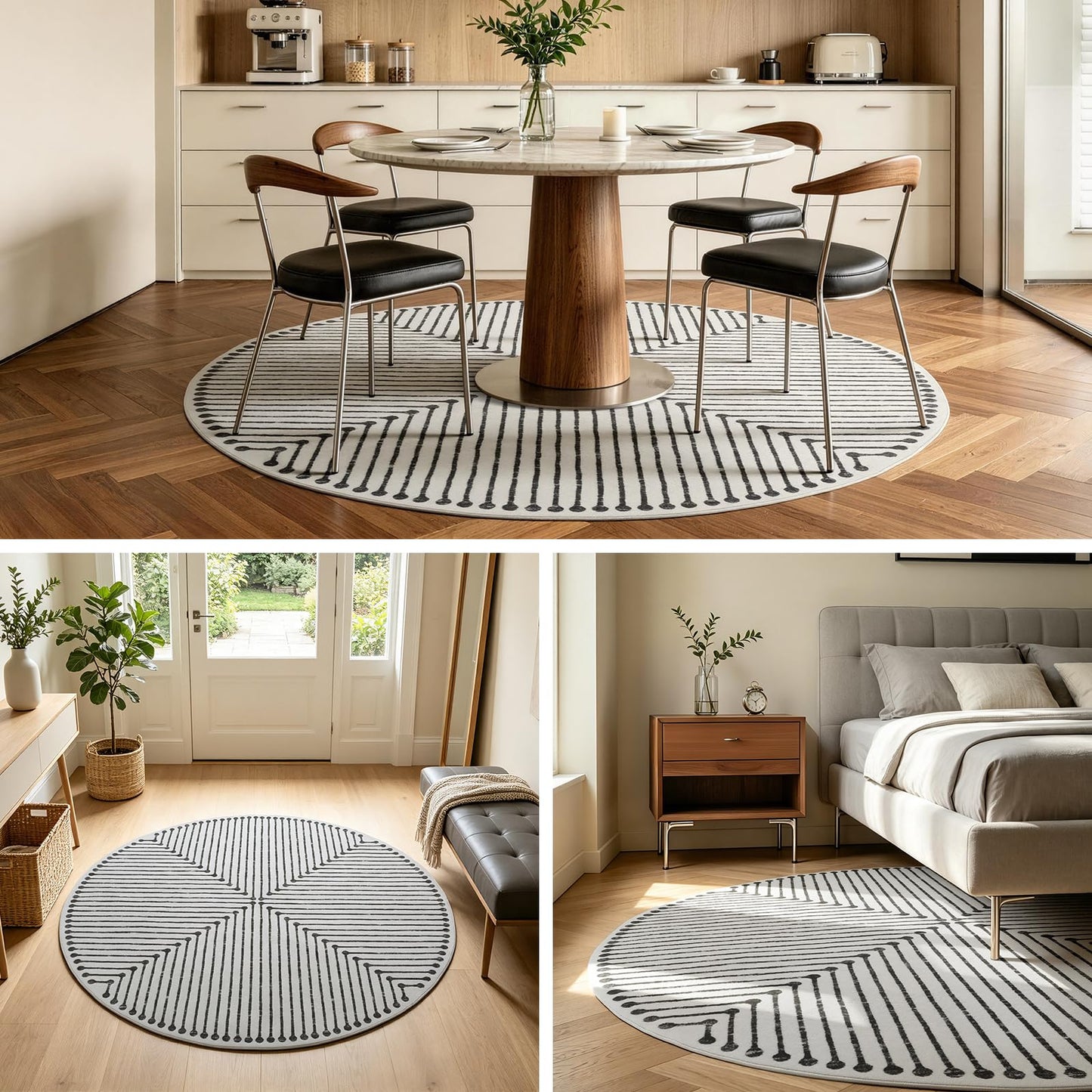 YIHOUSE Washable 4ft Round Rug for Entryway Non Slip, Black and White 4x4 Area Rugs for Living Room Non Skid Non-Shedding, Striped Modern Circle Carpet for Bedrom Kitchen