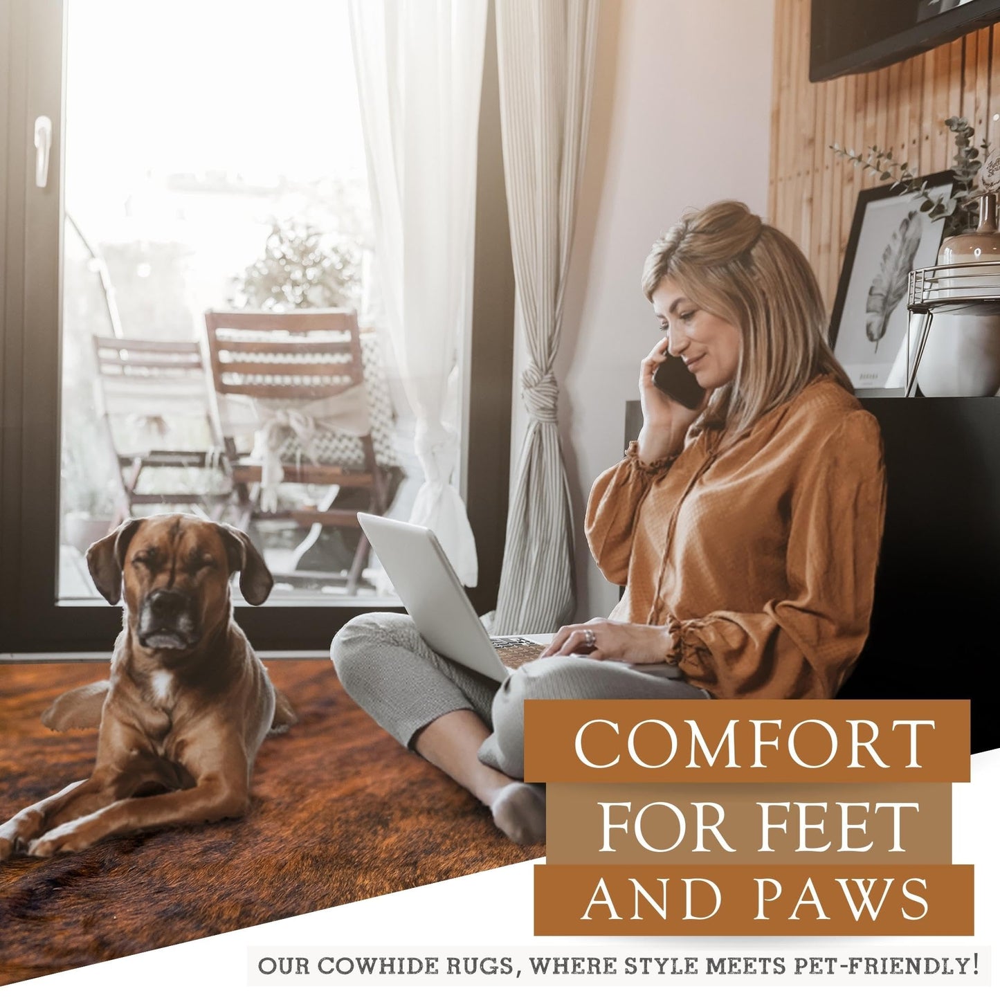 Sunshine Cowhides 100% Genuine Brindle Reddish Cowhide Rug - Modern Style Animal Skin Rug & Floor Carpet for Living Room, Bedroom, Kitchen & More - Large (6x6-7ft)