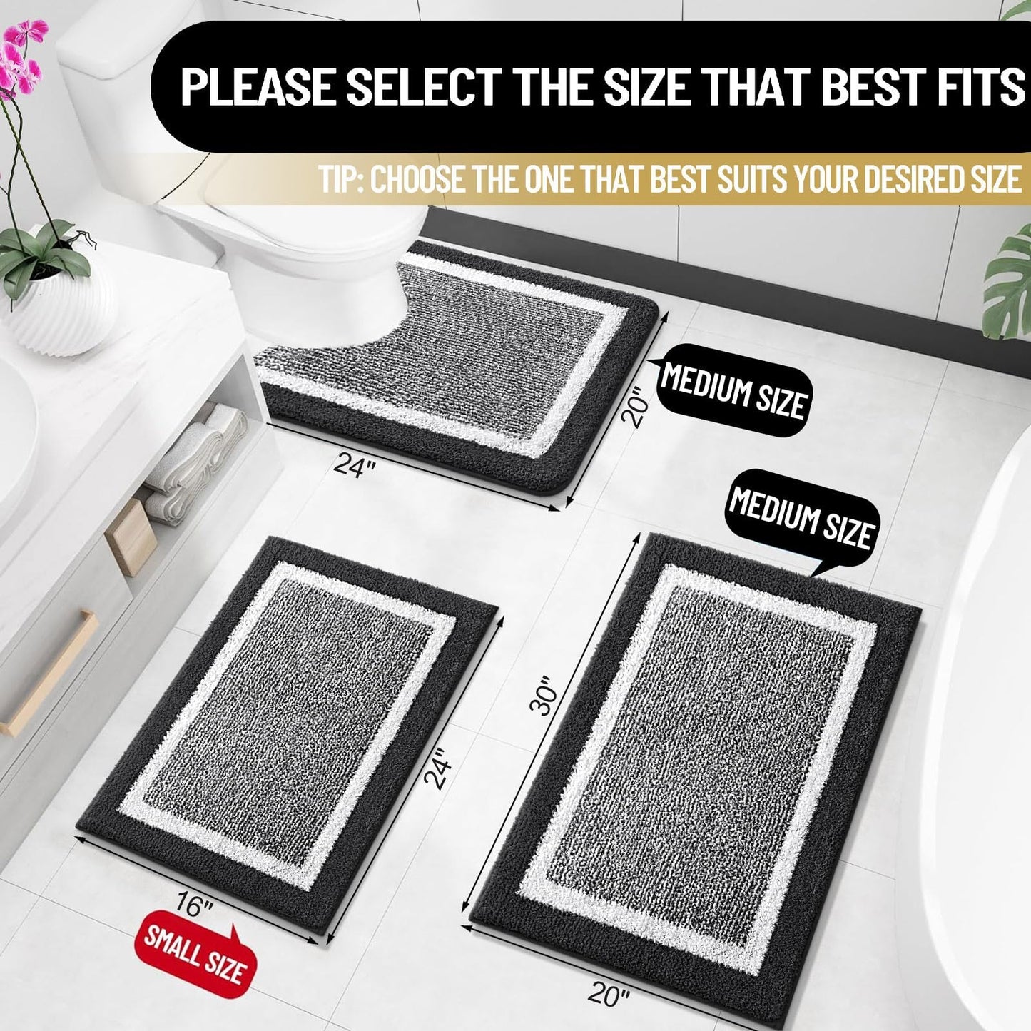 OLANLY Bathroom Rugs Sets 3 Piece, Soft Absorbent Microfiber Bath Mats and U-Shaped Contour Toilet Rug, Non-Slip, Home Decor Accessories, Bath Mat Set for Bathroom (30"x20"+24"x16"+24"x20", Black)