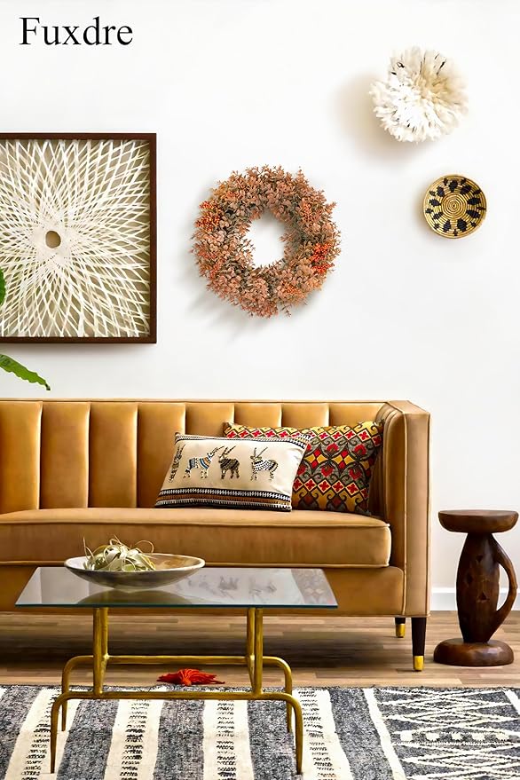 Eucalyptus Fall Wreaths for Front Door 15", Handmade Fall Leaves Wreath for Autumn, Floral Farmhouse Wreath for Wall and Outside Indoors