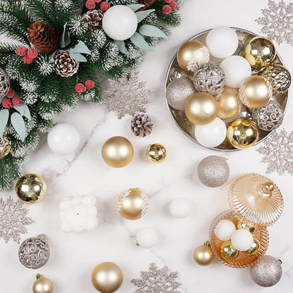 SY CRAFT 86 Pieces of Assorted Shatterproof Christmas Ball Snowflake Ornaments Seasonal Decorative Hanging Ornament Set with Hand-held Gift Package for Xmas Tree Decorations (86PCS, Champaign Gold)