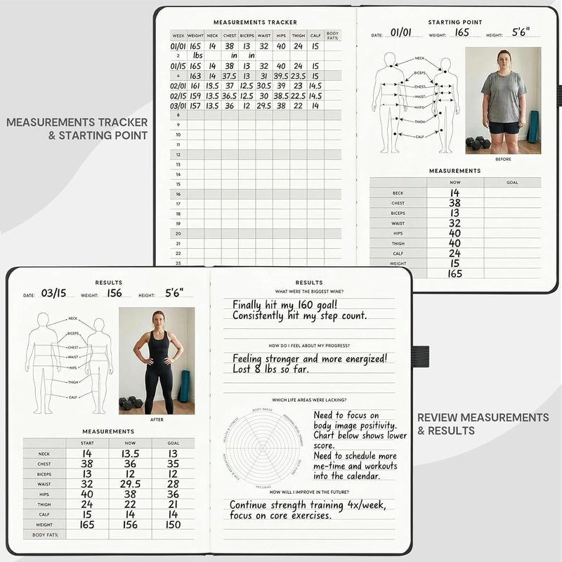 Workout and Food Journal - Fitness Tracker & Exercise Log Book | A5 Size, Leather Hardcover (Black)