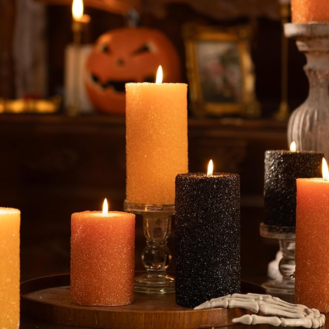 MOZEAL Hand-Poured Granular Texture Decorative Burnt Orange Pillar Candles Set of 3 (3"x4", 5", 6"), Dripless, Unscented, Smokeless, for Fall Fireplace, Thanksgiving Table & Autumn Décor