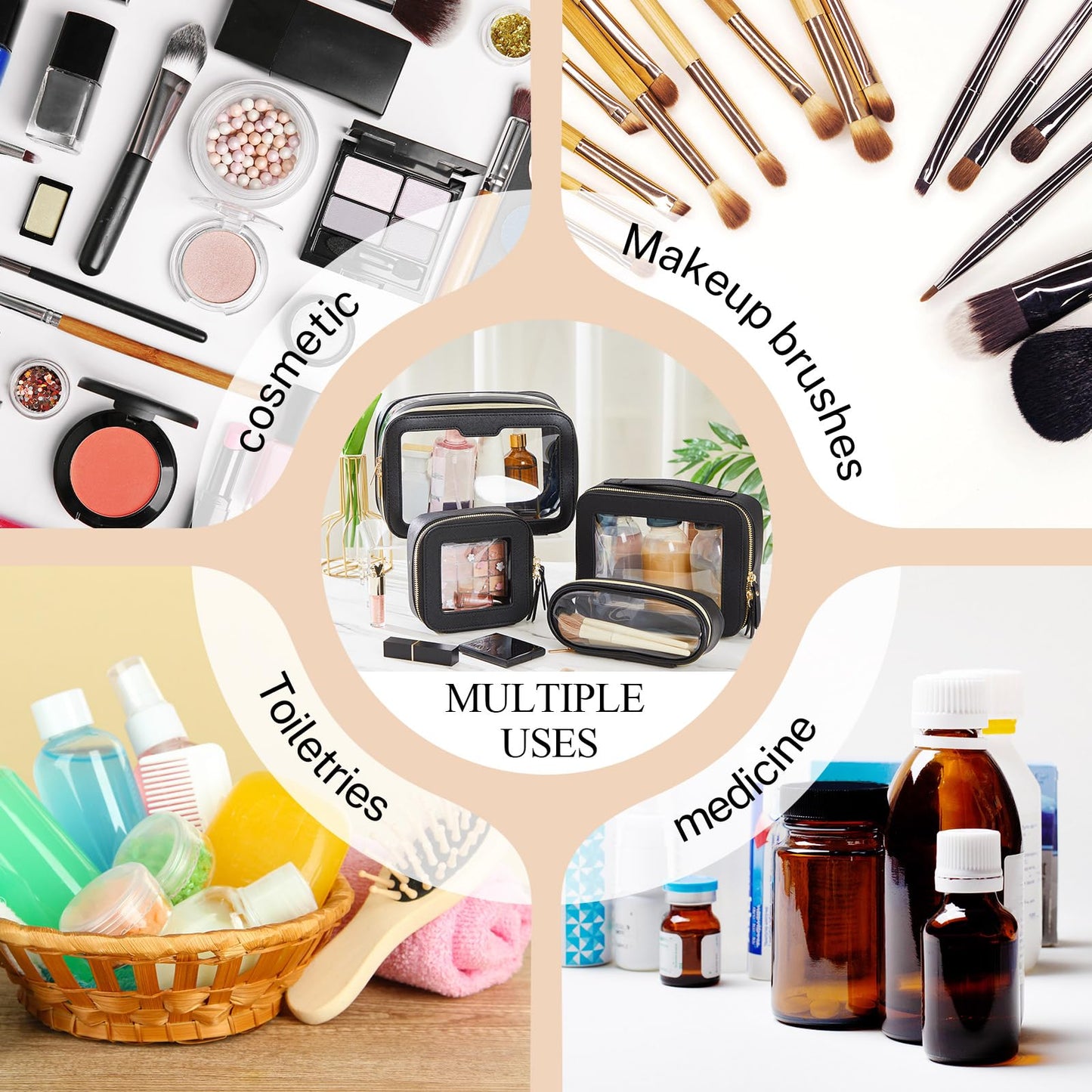 4 Pcs Leather Clear Makeup Bags Set for Women Travel Clear Cosmetic Case Toiletry Bags with Zipper Makeup Brush Case Waterproof Organizer Storage for Women Men Travel Accessories, 4 Sizes(Black)