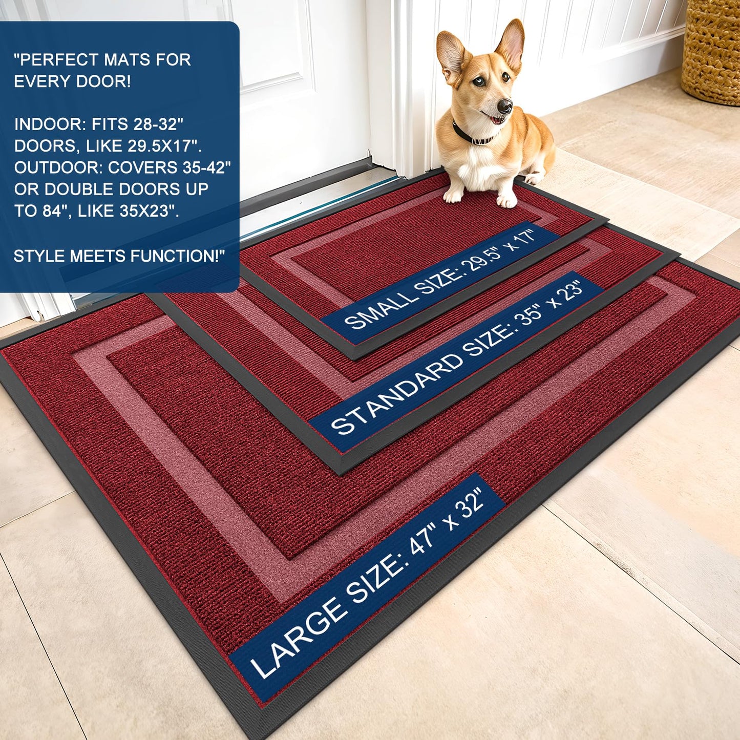 OLANLY Front Door Mat Indoor Outdoor Entrance, Waterproof All-Season, All-Weather Doormat, Sturdy Natural Rubber, Fade Resistant, Low Profile, Easy Clean Patio Porch Entryway Mat, 29.5x17, Wine Red