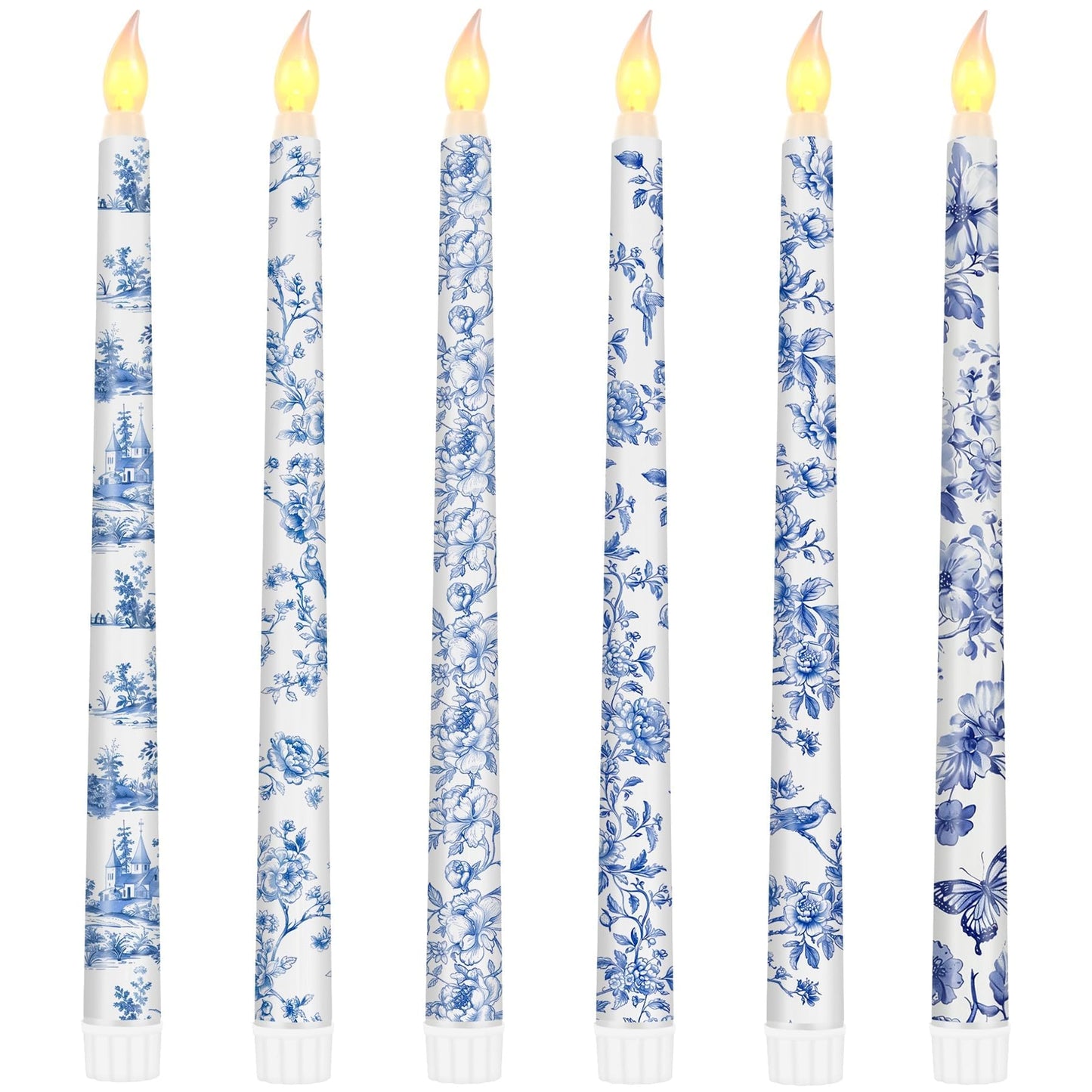 Kuabiz 6 Pcs Chinoiserie Flameless Candles 10.8 Inch Floral Taper Candles Blue and White Battery Operated Candle Decor for Wedding Table Centerpiece Garden Home Party Decor Supplies