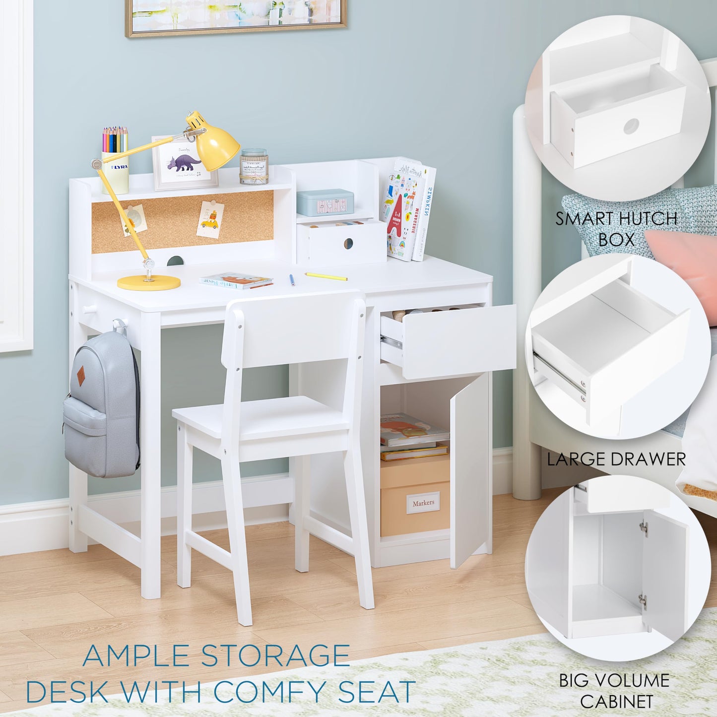 UTEX Kids Desk and Chair Set, Kids Study Desk with Hutch for 5-12 Years Old, Children Wooden Study Table, Student Writing Table Computer Workstation