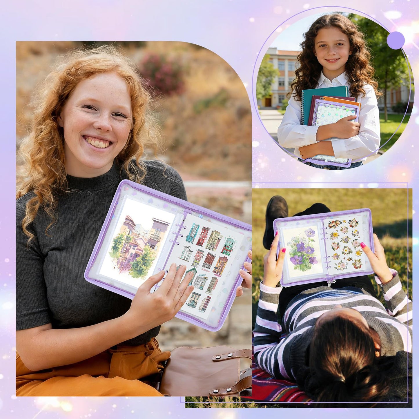 Sticker Storage Organizer Binder A5 Sticker Zipper Photocard Binder Holder Collecting Book Organizing Trading Card Album Holder with Blank Reusable Release Paper Purple(Heart)