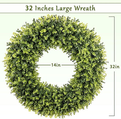 32 Inch Extra Large Boxwoods Green Spring Artificial Wreath for Front Door, Year Round Spring Summer Winter Wreaths for Wall Window Porch Home Farmhouse Outdoor Outside Indoor Decorations