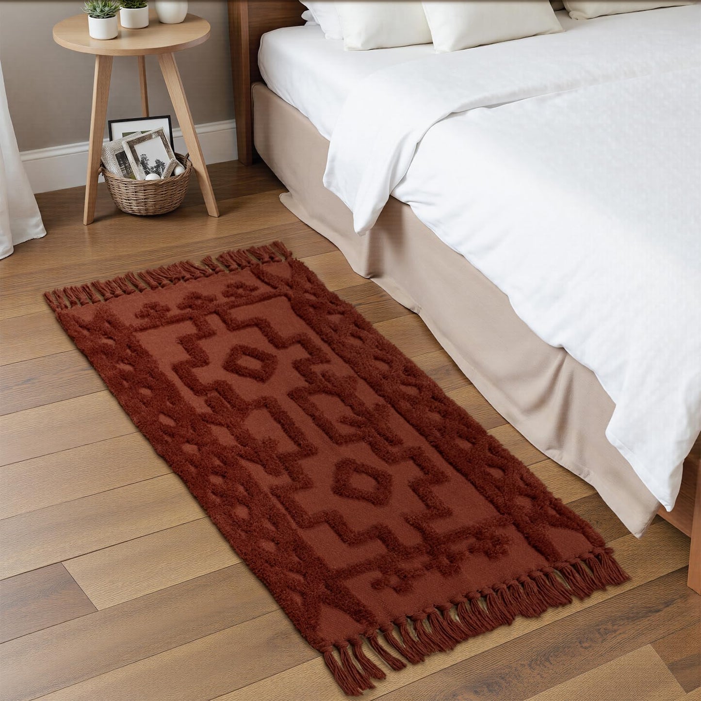 Uphome Boho Bathroom Runner Rug 2' x 4.3', Washable Woven Cotton Bedroom Runners, Terracotta Aesthetic Tufted Entryway Runner Rugs, Bohemian Tribal Throw Rug for Bedside Living Room Laundry Kitchen
