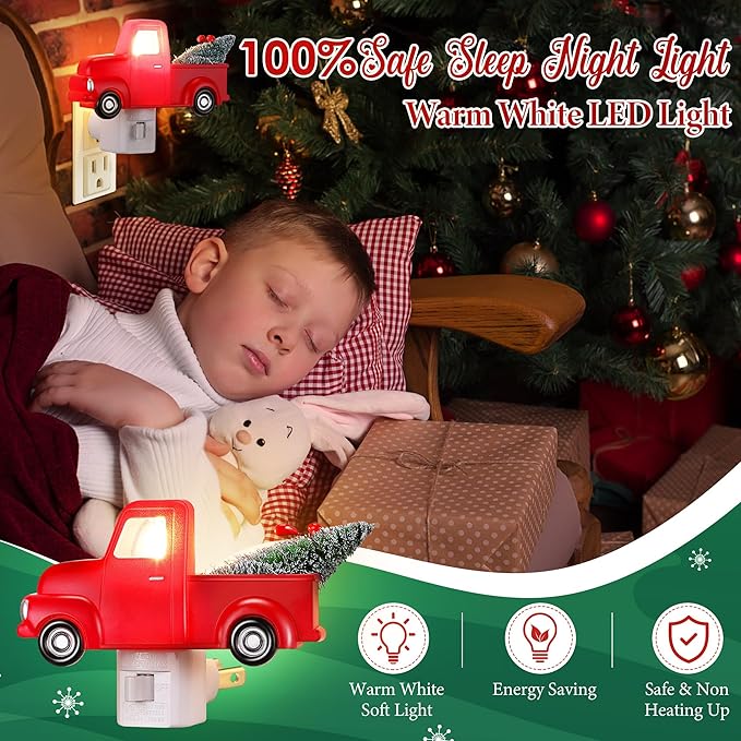 Christmas Red Truck Night Light Plug-in, 120V C7 LED Wall Nightlight Decoration for Bedroom, Bathroom, Kitchen, Hallway, Stairs