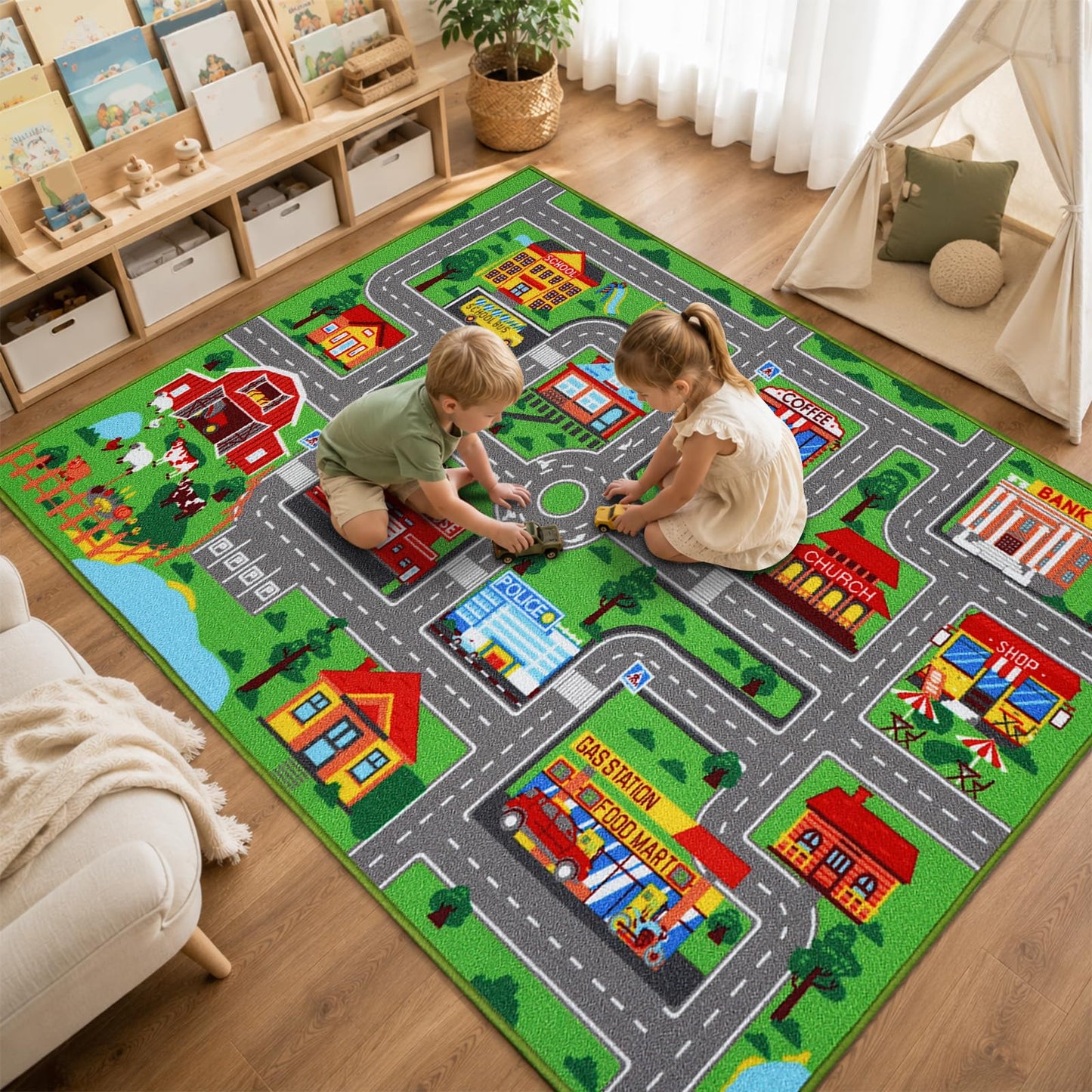 Kids Rug Car Carpet 78.7"x59", Car Rug for Kids Room Playroom Bedroom, Non-Slip Town City Road Map Rugs, Track Car Mat for Kids Boys Girls (78.7X59Inch,Green)