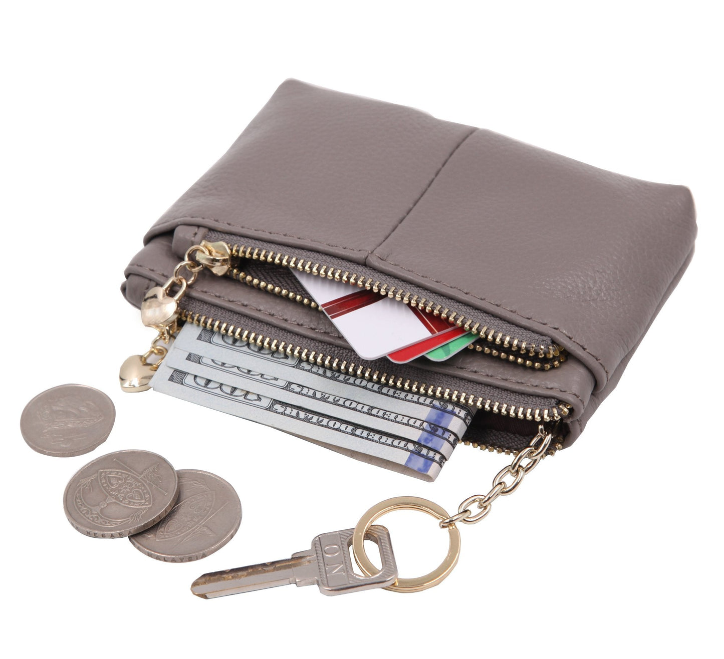 ZOOEASS Coin Purse Women Genuine Leather Zip Mini Purse With Key Ring Triple Zipper Card Holder Wallet (Grey)