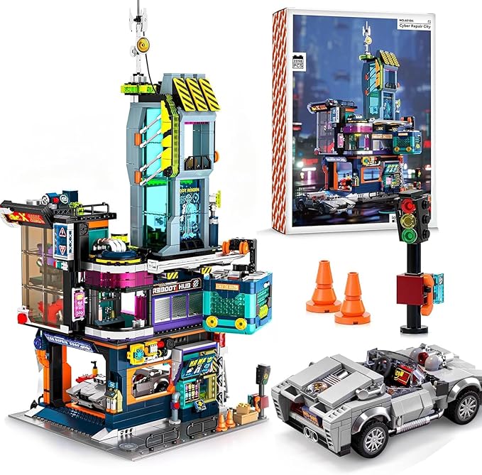 Cyberpunk Repair City Building-Bricks Set with Future Sports Car Future City Modular Buildings Set Display Idea for Adults and Sci-fi Lovers Creative Gift for Adults 2098pcs