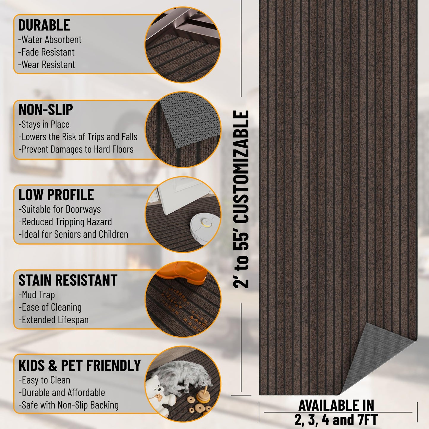 Ottomanson 2' x 14' Hallway Runner with Scraper Pile Extra Durable Non-Slip Rug Mat for Indoor & Outdoor Use - Ideal for Kitchen, Entryway, Patio & Garage - High-Traffic Carpet, Brown