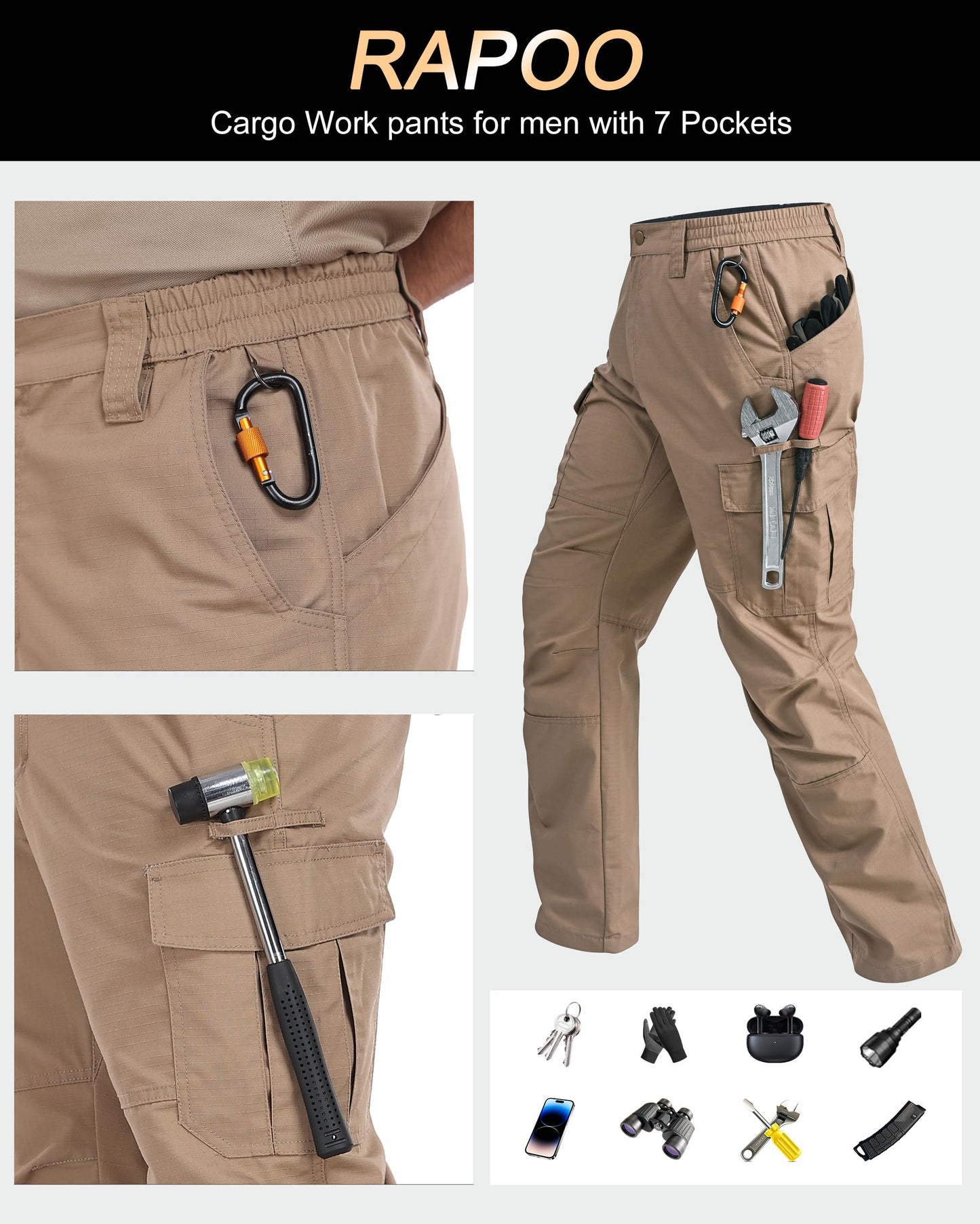 Rapoo Cargo Work Pants for Men Military Army Casual Hiking Pants for Men with Multi Pockets Elastic Waist Mens Ripstop Construction Carpenter Pants Khaki 34Wx32L