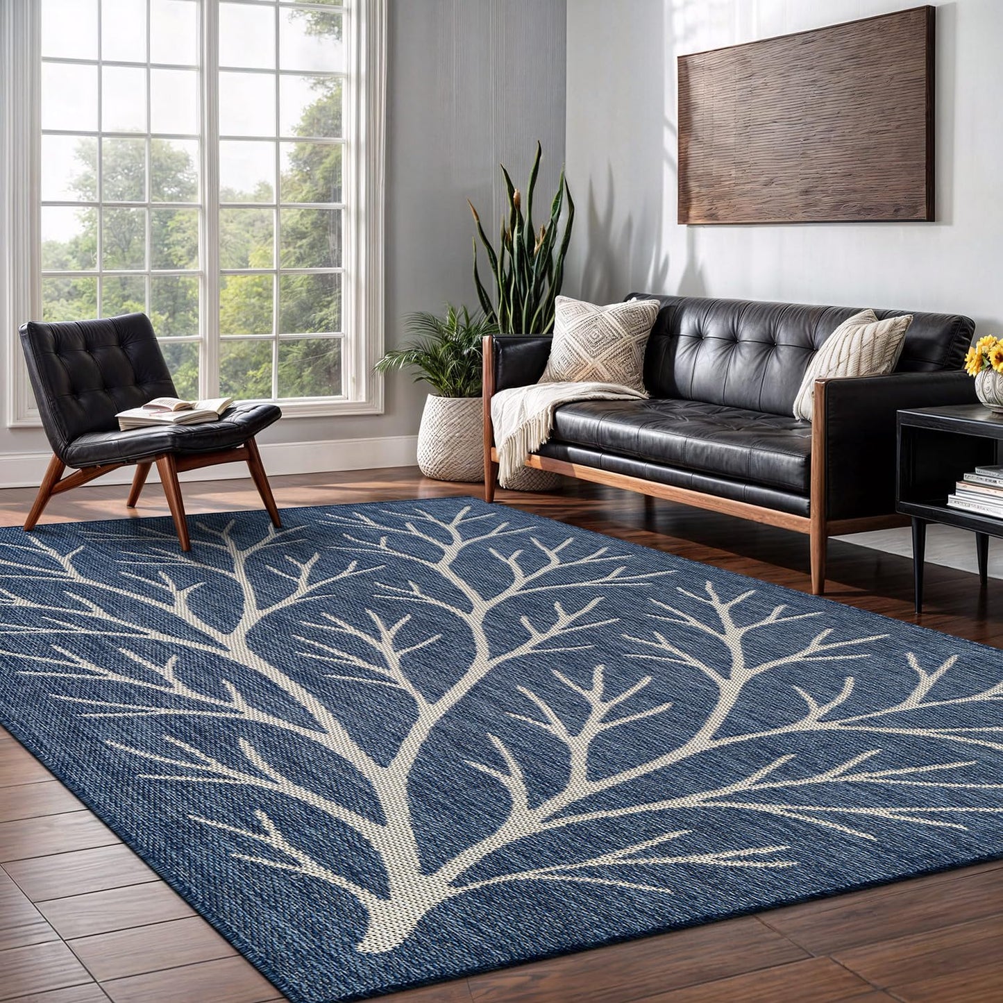Washable Indoor Outdoor Rug 5x7 Modern Area Rugs Branch Pattern Non Shedding Waterproof Easy Clean Patio Deck Porch Living Room Bedroom Garden RV (5 X 7 Blue)