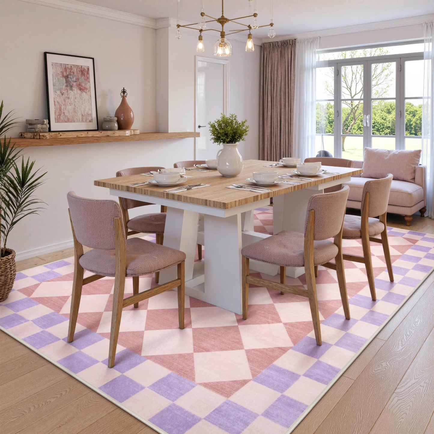Morebes Checkered 5x7 Pink Rug for Bedroom Girls, Machine Washable Area Rug for Living Room Non Slip, Soft Low-Pile Nursery Carpet for Kids Room Dorm Dining Room (Pink,5'x7')