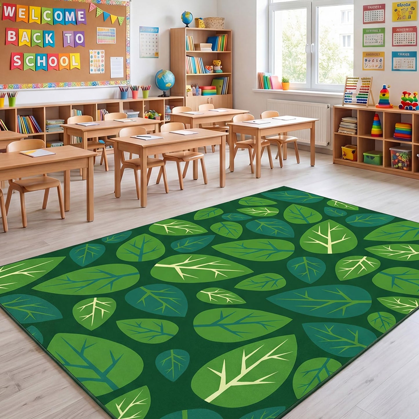 Frienda 13 x7.5 ft Large Classroom Rug for Back to School Decor Green Leaves Rug Non Slip Carpet Soft Nylon Learning Rugs for Reading Corner Circle Time School Classroom Decor